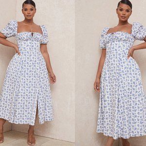 House of CB ‘Tallulah’ Blue & White Floral Puff Sleeve Bustier Dress NWT